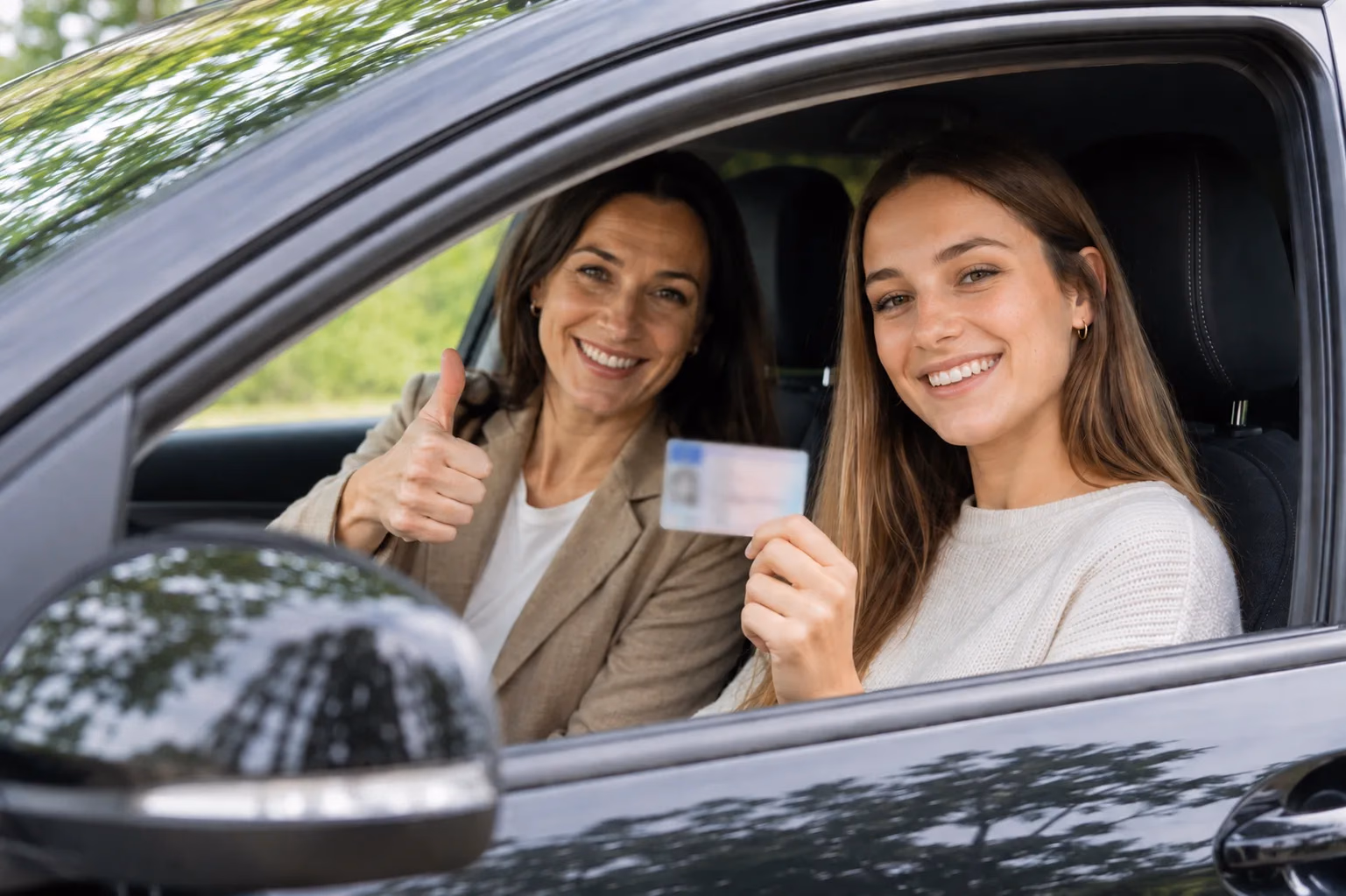 Junge Fahrerin sitzt am Steuer eines Autos und hält ihren Führerschein aus dem geöffneten Fenster, die Fahrlehrerin auf dem Beifahrersitz zeigt Daumen hoch