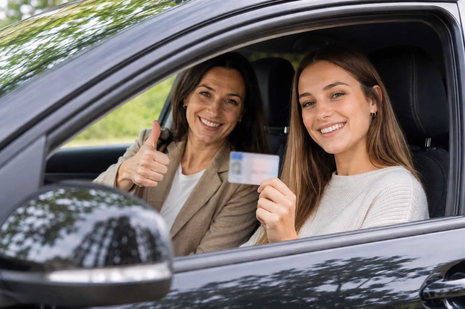 Junge Fahrerin hält ihren neuen Führerschein im Auto in die Kamera, die Fahrlehrerin daneben zeigt Daumen hoch