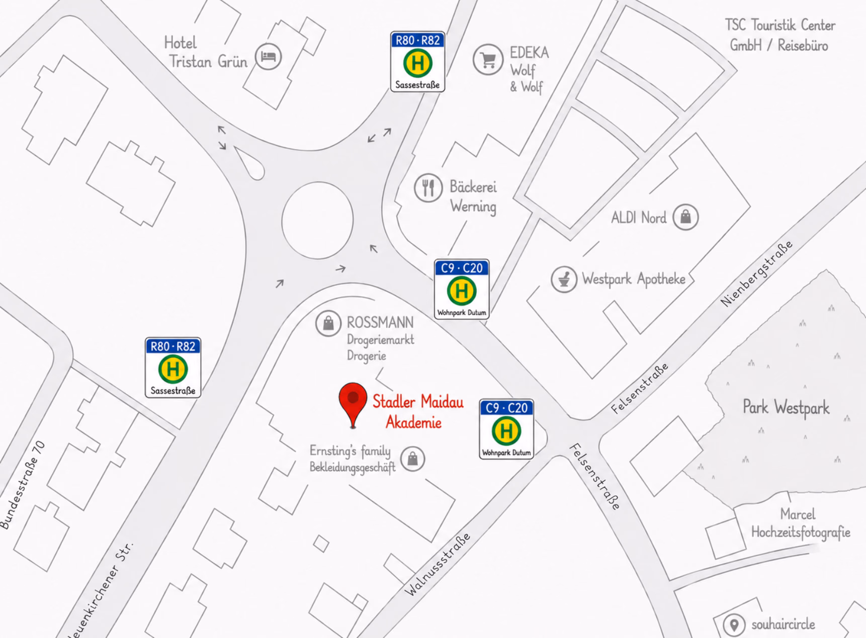 Lageplan: Die Stadler Maidau Akademie liegt an der Felsenstraße 2 am Dutumer Kreisel in Rheine, zwischen Rossmann und Ernsting’s family. Die Bushaltestelle Sassestraße (Linien R80 und R82) und die Haltestelle Wohnpark Dutum (Linien C9 und C20) liegen direkt daneben.