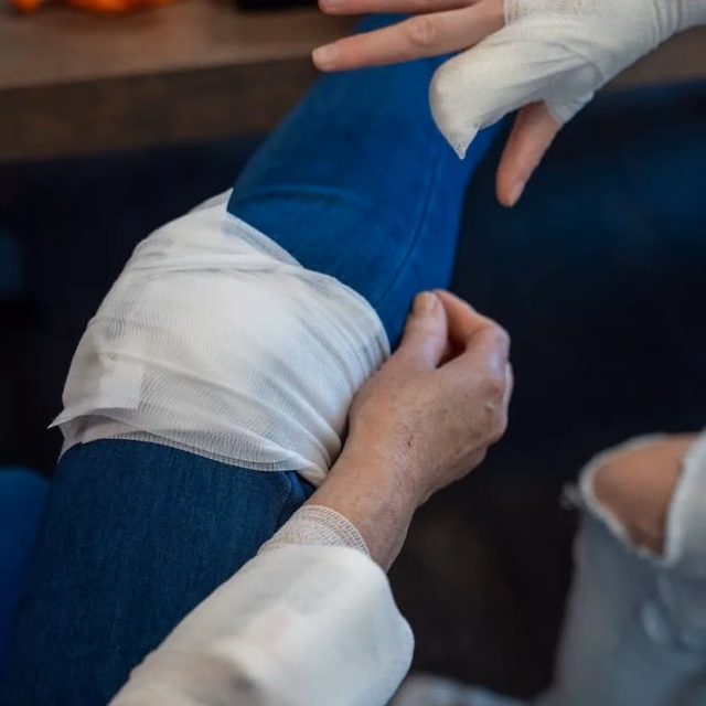 Kursteilnehmerin mit angelegtem Kopfverband aus Mullbinde während der Verbandübung im Erste-Hilfe-Kurs